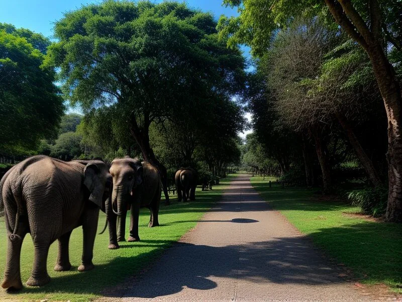 a group of elephants walking on a path with trees